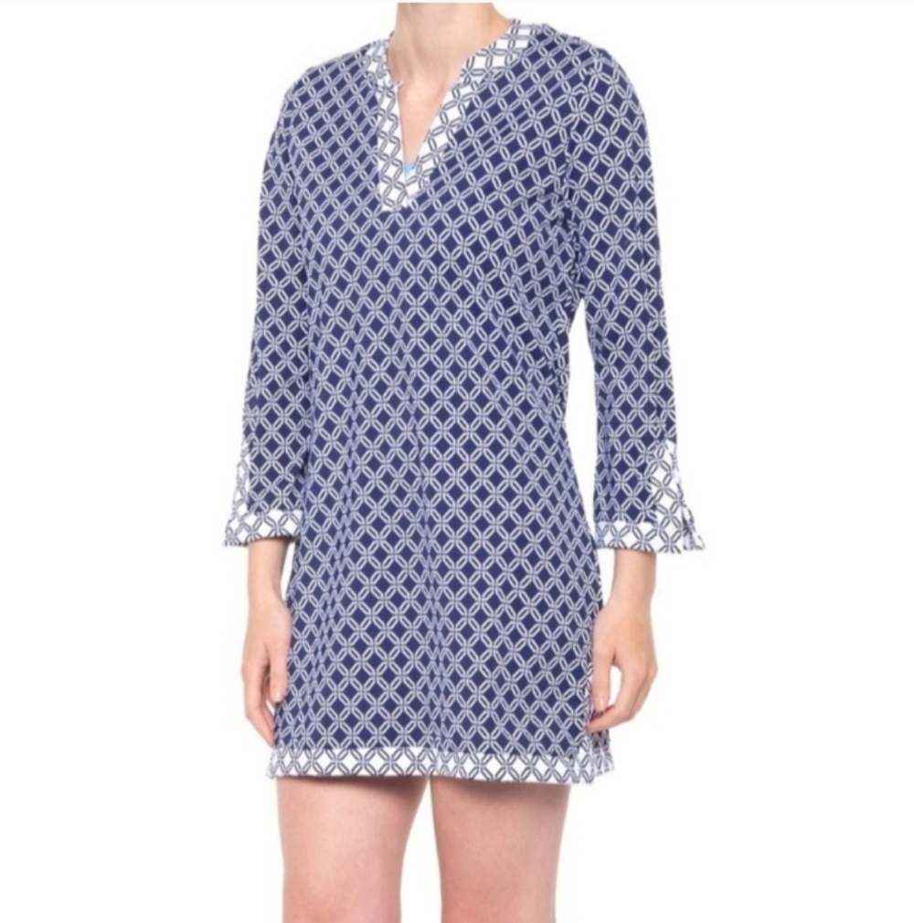 AQUA ET SOL Cover-Up Tunic 3/4 Sleeve UPF 50, Navy&White, Sz S, 19"PTP, 32" L